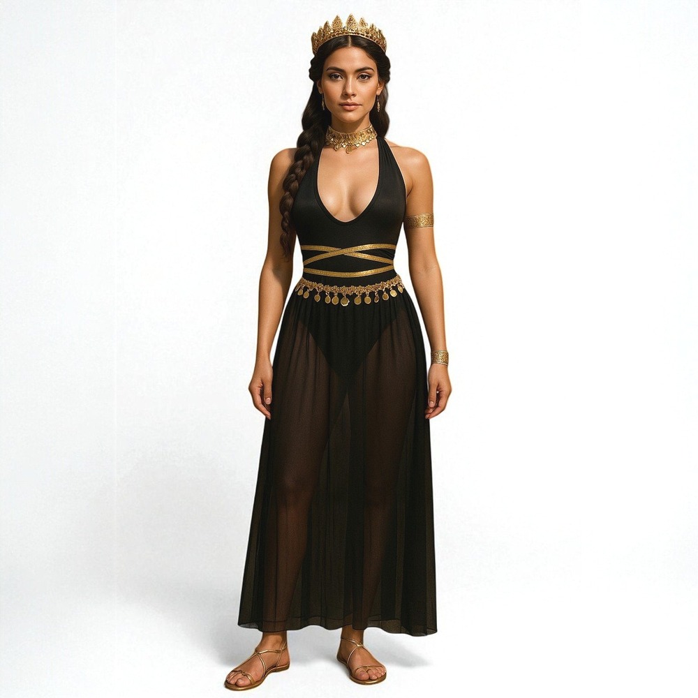 New Medium Goddess Costume Halter‎ Black Sheer Dress Gold Halloween Cleopatra